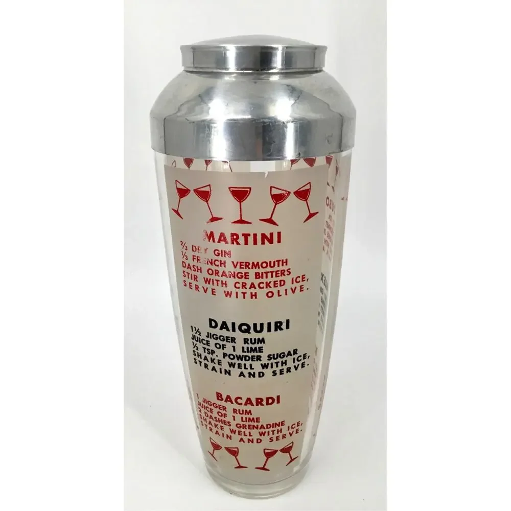 Vintage Glass Cocktail Recipe Shaker MCM Aluminum Lid Retro Barware 9.5